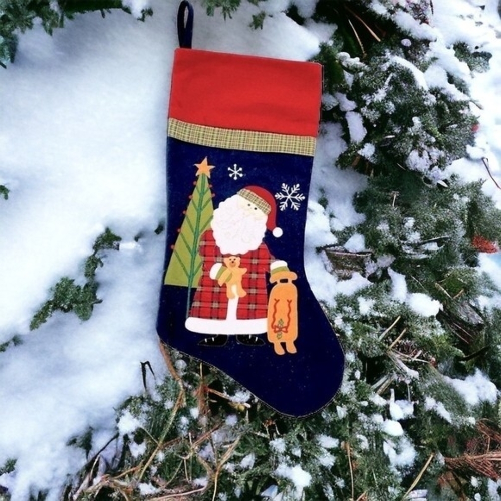 Holiday Home Santa Hooked Christmas Stocking 18"x10" Handmade NWOT Festive